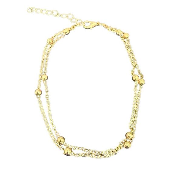 Delicate Double Layer Gold Plated Anklet - Beaded Cable Chain - Adjustable Size - Picture 1 of 8